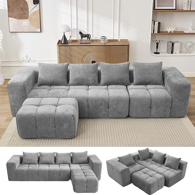 119" Boneless Couch, Cloud Sectional Couch with Deep Seat, High-Density Memory Foam and Chaise, Sectional L Shaped Sofa, Boneless Couches for Living Room, No Assembly Required Tufted Sofa, Light Grey