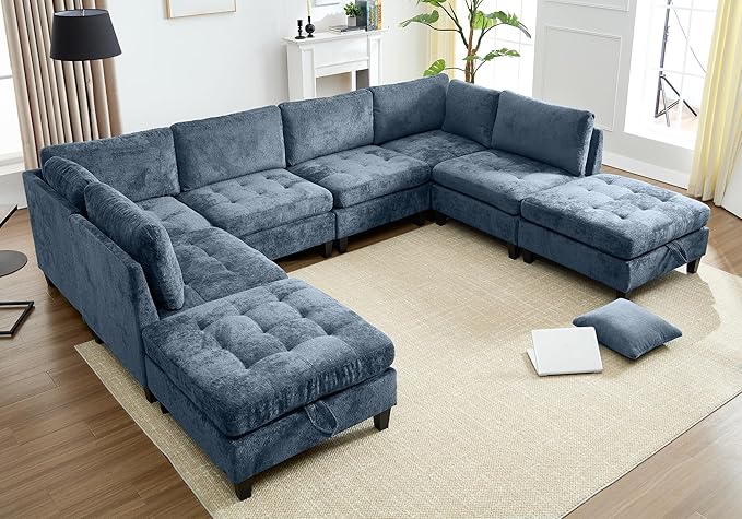 Luxe Oversized Modular Sectional Sofa, Modern Chenille Convertible Sleeper Sofa with Storage Ottoman, Comfy Deep Seat U-Shaped Cloud Couch for Living Room（Blue，6-Seater + 2 * Ottoman + Tea Tray）