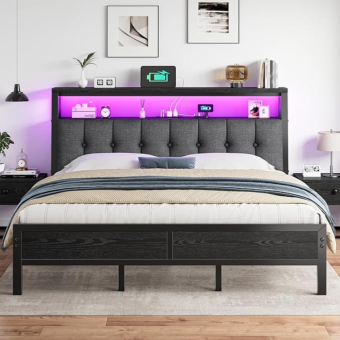 Homkdom King Size Bed Frame with Smart LED Lights, Upholstered Headboard with Charging Station Type C, Metal Platform with 12" Under-Bed &2-Tier Storage Shelves, No Sliding, Noiseless, Black
