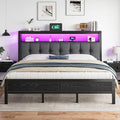 Homkdom King Size Bed Frame with Smart LED Lights, Upholstered Headboard with Charging Station Type C, Metal Platform with 12" Under-Bed &2-Tier Storage Shelves, No Sliding, Noiseless, Black