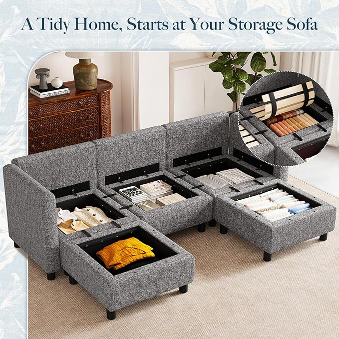 Belffin 84.3" 5 Seats U Shaped Couch Modular Sectional Sofa Washable Sectional Couches for Living Room Comfy Couches with Storage Seat Couch Sofas with Chaise,Grey