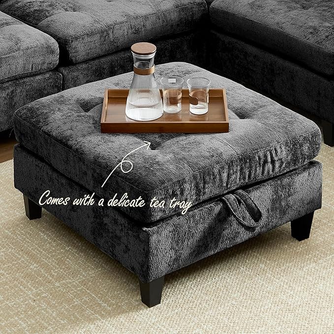 Luxe Oversized Modular Sectional Sofa, Modern Chenille Convertible Sleeper Sofa with Storage Ottoman, Comfy Deep Seat U-Shaped Cloud Couch for Living Room（Dark Grey，5-Seater + 1*Ottoman+ Tea Tray）