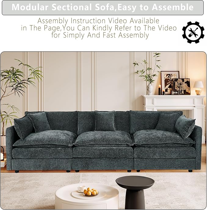 Setawix Chenille Cloud Couches for Living Room,3 Seater Cloud Sofa Couch with Deep Seat,112.2" Roomy Cloud Sofas,Modular Sectional 3 Seat Sofa with Pillows for Bedroom. (Grey, 3 Seater)