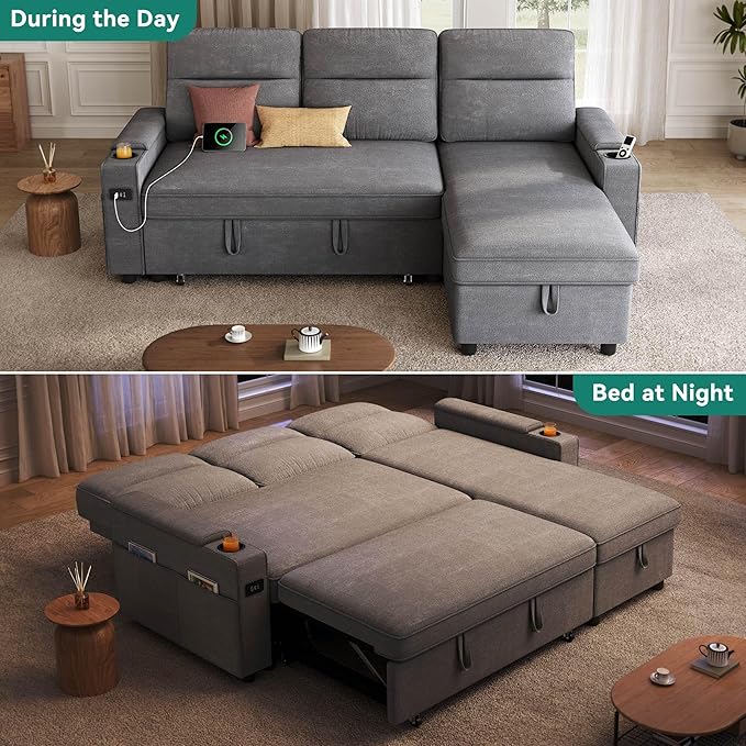 YITAHOME Convertible Sleeper Sofa with Adjustable Backrest & Pull Out Bed, L-Shaped Sectional Sofa Bed with Armrest & USB Port, Upholstered Sectional Couch for Living Room, No-Tool Assembly, Grey