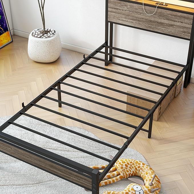 BOFENG Twin Bed Frame with Wood Headboard and USB Charging Station,Heavy Duty Metal Platform Single LED Bed Frame Twin Size with Storage No Box Spring Needed,Strong Steel Slats,Noise Free,Rustic Grey
