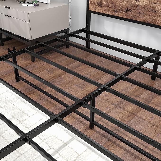 BOFENG Black King Size Bed Frame with Wood Headboard,Industrial Metal Platform Bed Frame King Size with Storage No Box Spring Needed,Strong Steel Slats Support,Easy Assembly,Vintage Brown