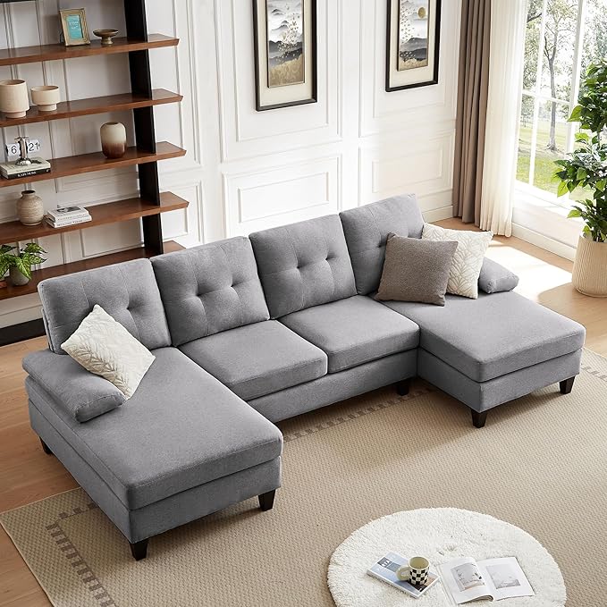 111" Sectional Couch for Living Room, Modern Polyester Fibre U Shaped Sofa Couches with Double Chaise, Upholstered 4 Seater Sofa for Living Room, Apartment, Office, Light Grey
