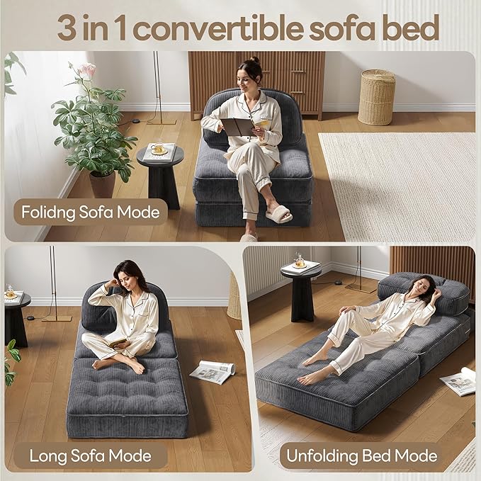 Dowinx Folding Sofa Bed with Pillow, Small Convertible Comfy Couch Bed for Adults Home Lounge and Gaming, Modern Comfortable Design for Apartment Living Room Bedroom, Ribbed Velvet, Gray
