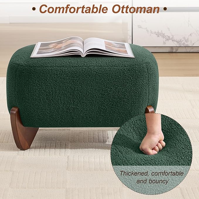 28.7" Sherpa Boucle Ottoman with Solid Wood Legs, Modern Upholstered Footstool, Comfy Ottoman for Living Room, Bedroom, Green