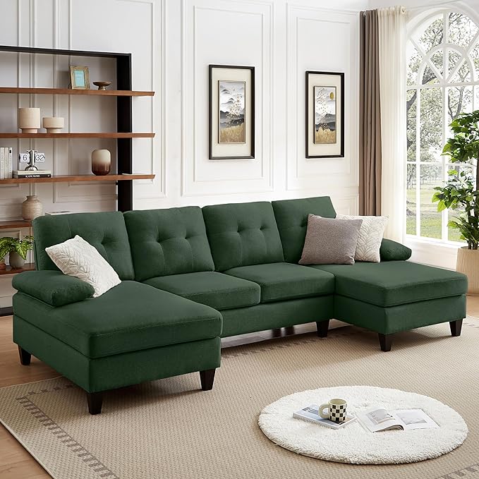 111" Sectional Couch for Living Room, Modern Polyester Fibre U Shaped Sofa Couches with Double Chaise, Upholstered 4 Seater Sofa for Living Room, Apartment, Office, Dark Green