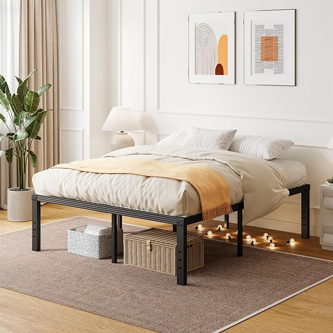 ZIYOO Queen Size Bed Frame, 16 Inches Platform Bed Frame, 3500lbs Heavy Duty Steel Slat, Non-Slip Design, No Box Spring Needed, Easy Assembly, Quiet Noise Free, Under Bed Storage Space, Black