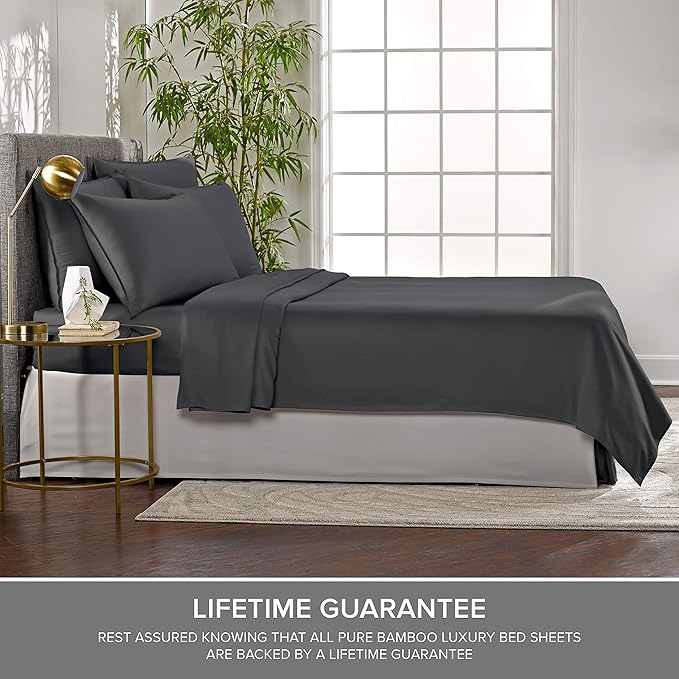 Pure Bamboo Split King Sheets, Genuine 100% Organic Viscose Derived from Bamboo Bed Sheet Set, Soft & Cooling, Double Stitching, 2 Fitted Sheets (Split King, Charcoal)