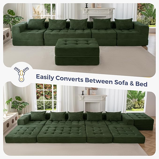 MAXYOYO Modular Sectional Sofa Couch, Foldable U Shaped Cloud Couch with Pillows, Tufted 6-Seat Boneless Sleeper Lounger Floor Sofa Bed for Living Room, No Assembly Required, Dark Green