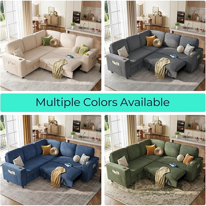 LINSY HOME Pull Out Sofa Bed Sectional Sleeper Sofa with Storage, Plush Corduroy Pullout Modular Sectional Couches for Living Room, L Shaped Convertible Couch Bed for Apartment (Beige)
