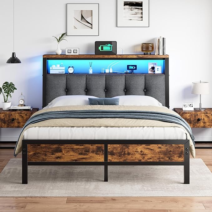 Homkdom Full Size Bed Frame with Charging Station and LED Lights, Grey Upholstered Headboard with 2-Tier Storage Shelves,12" Under-Bed Storage, No Sliding,Noise-Free,Easy Assembly,Vintage Brown