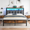Homkdom Full Size Bed Frame with Charging Station and LED Lights, Grey Upholstered Headboard with 2-Tier Storage Shelves,12" Under-Bed Storage, No Sliding,Noise-Free,Easy Assembly,Vintage Brown