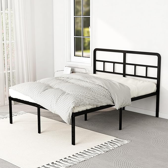 DiaOutro 18 Inch Queen Bed Frame with Headboard No Box Spring Needed, Heavy Duty Metal Queen Size Platform with Steel Slat, Mattress Foundation, Easy Assembly, Noise Free, Black