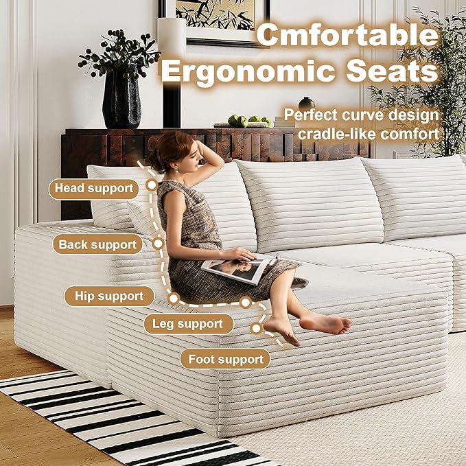 136" Sectional Couches for Living Room Cloud Couch Sofa with L-Shape Upholstered Boneless Couchs Modern Modular Sectional Couch with Chaise (White, 136" Left Facing Chaise+3Seaters)