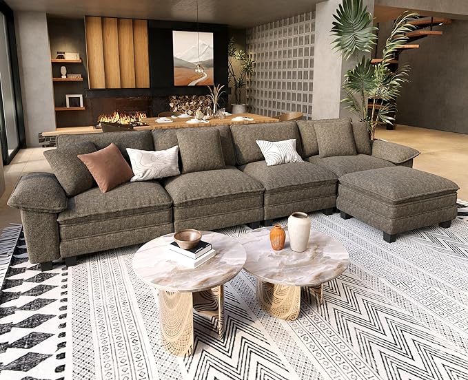 L Shaped Modular Cloud Couch, 157.5'' Oversized Chenille Sectional Sofa with Wider Armrest and Ottoman, Upholstered 5-Seat Modern Deep Seat for Bedroom Living Room, Smoky Grey