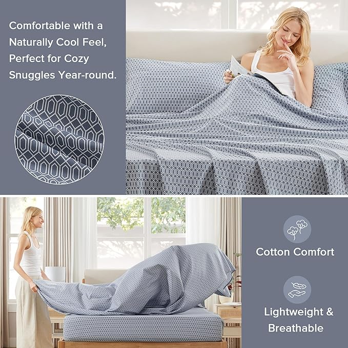 Comfort Spaces 100% Cotton Sheets Queen, Breathable, Naturally Cool Cotton Sheets, Soft Cotton Bed Sheets with 14" Elastic Pocket Fits up to 16" Mattress, All Seasons Sheet Set, Diamond Blue 4 Piece