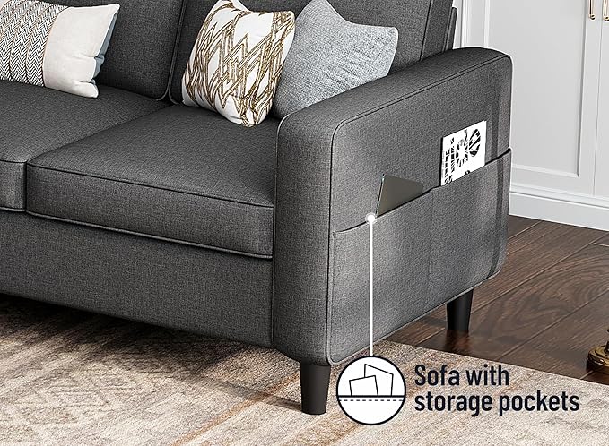 Sectional Couches for Living Room 78" Convertible L Shaped Couch with Removable Storage Ottoman 3 Seater Sofas Modern Linen Dark Grey Sofa for Apartments Studios Dorms Small Spaces