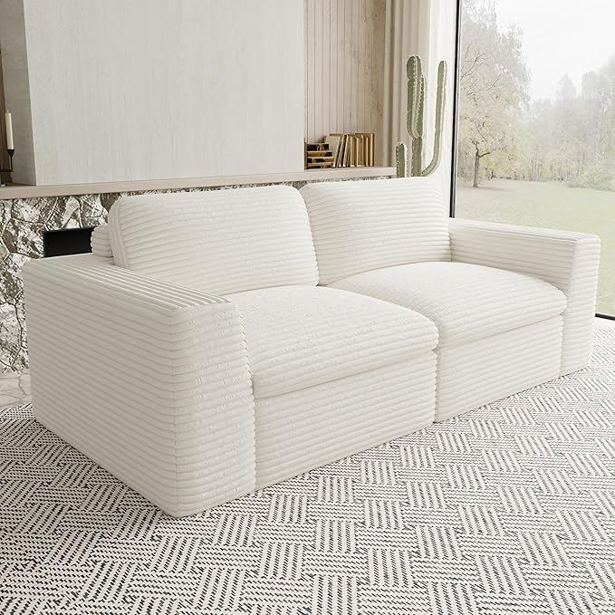 Boneless Loveseat Sofa Plush Corduroy Sectional Couch with Deep Seat Modular Cloud Sectional Couches for Living Room.Biege Sofa.