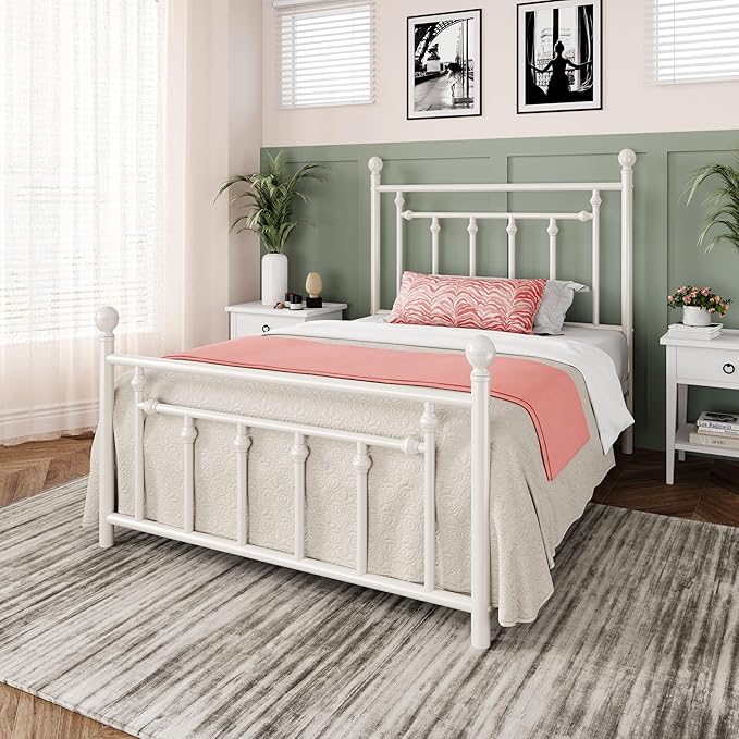 Allewie 14 Inch Twin Size Metal Platform Bed Frame with Victorian Vintage Headboard and Footboard/Mattress Foundation/Under Bed Storage/No Box Spring Needed/Easy Assembly/Noise Free/White
