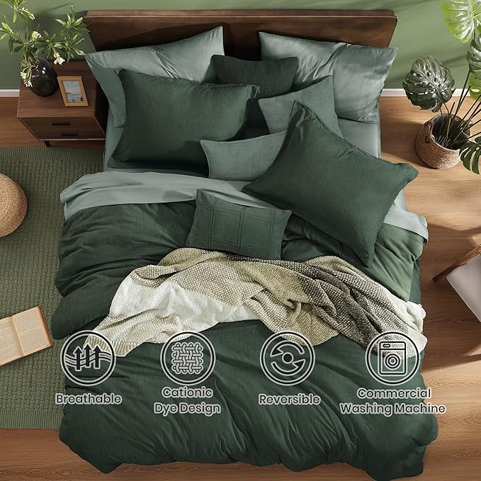 Monbix Super King Plus Comforter Set, Deep Forest Cationic Dyeing Bedding Set Reversible, Bed in a Bag 7 Pieces with Comforter, Sheets, Pillowcases & Shams