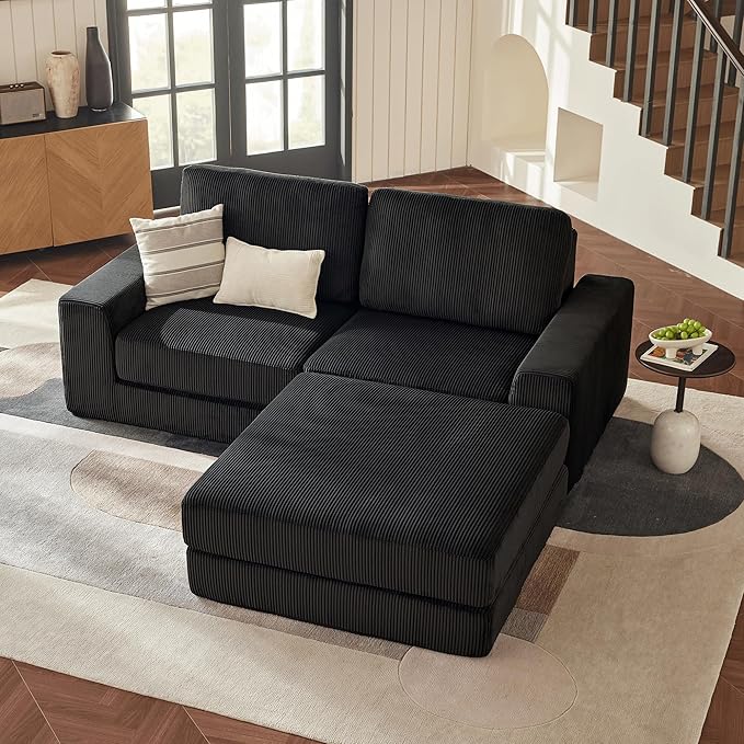 Cloud Couch Sectional, Oversized Boneless Couch Sofa with Deep Seat, Corduroy Comfy Cloud Modular Loveseat Sofa with Ottoman, Sectional Couches for Living Room No Assembly Required (Black)