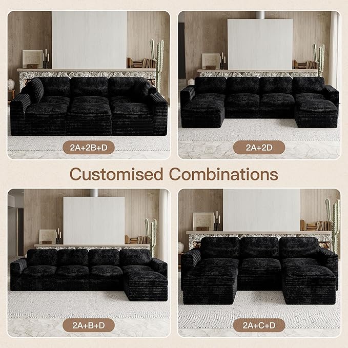 Boneless Modular Sectional Sleeper Sofa Bed Plush Corduroy Cloud Sectional Couches for Living Room with Deep Seat. Black Couch.