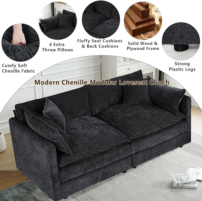 Setawix Chenille Loveseat Sofa Couch with Deep Seat,Large 2 Seater Cloud Couches for Living Room,77.16" Roomy Cloud Sofas,Modular Sectional 2 Seat Sofa with Pillows for Bedroom. (Black, 2 Seater)