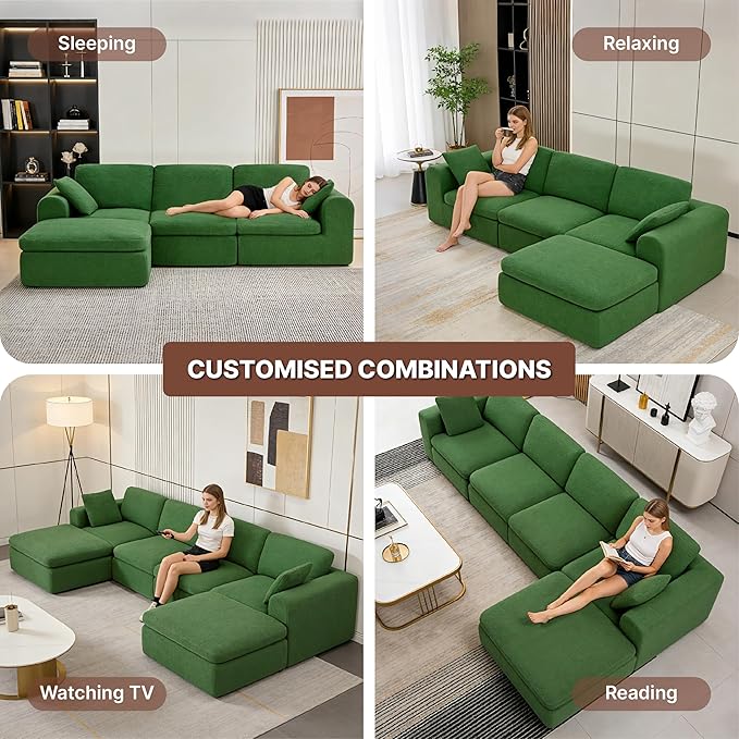 108" Boneless Cloud Couch Sectional No Assembly Required Modular Sofa with Deep Seat for Living Room L Shaped Couch with Ottoman Snowflake Fabric and Memory Sponge Moss Green
