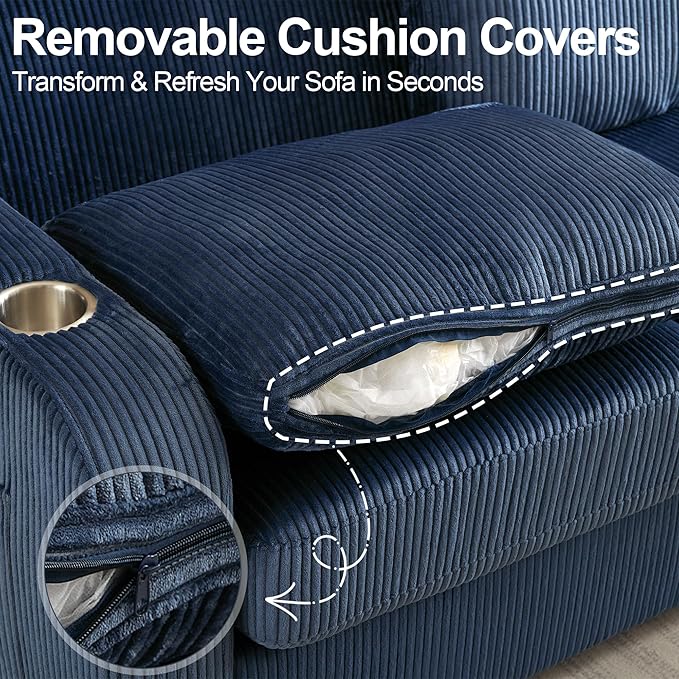 87.4" Oversize 3 Seater Couch,Modern Upholstered Sofa for Living Room, Deep Seat Comfy Loveseat Couch with Cup Holders,Corduroy Love Seat Sofa (Blue)
