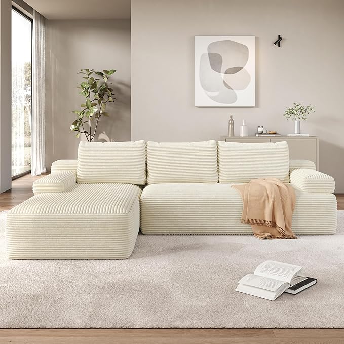 Yaheetech 110" Modular Sectional Sofa Corduroy Boneless Couch with Chaise L-Shape Cloud Couch with Detachable Pillows No Assembly Sofa for Living Room, Beige