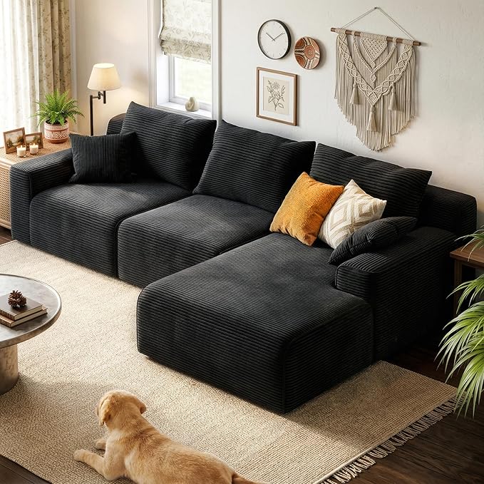 97" L-Shaped Cloud Boneless Couch with Deep Seat, Modular Sectional Sofa with Chaise, Flexible Module Combination for Living Room, Bedroom No Assembly (Black, Right Facing Chaise)