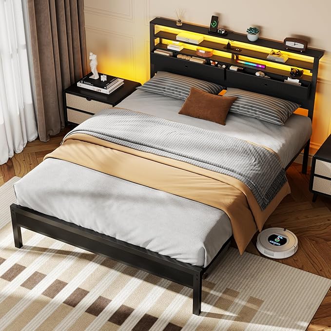 Furnulem Queen Bed Frame with Headboard & 2 Fabric Drawers, Bed Frame Queen Size Featuring LED Lights, Built-in Charging Station & Storage Shelves, Metal Slats, No Box Spring Needed – Black Oak