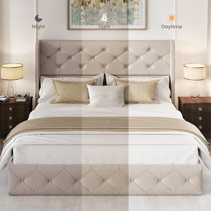 LARMACE Full Size Bed Frame with 4 Storage Drawers and 47.2" Tall Wingback Headboard Linen Upholstered Platform Bed Frame Tufted Beds with Wooden Slats Support, Easy Assembly, Beige