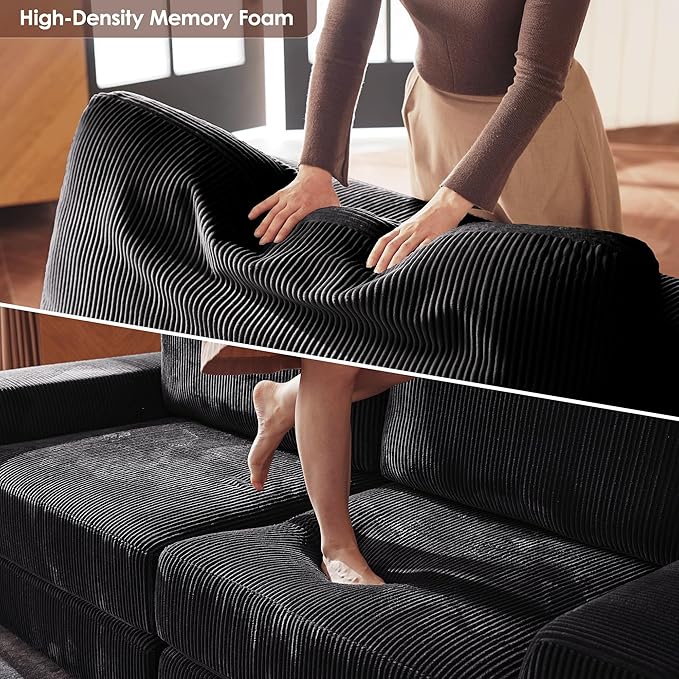 Modular Sectional Sofa, 80.31" Modern Cloud Couch Sectional Sofa with L-Shaped Chaise Comfy Corduroy Fluffy Couch with Deep Seat Boneless Couches for Living Room Bedroom, Black