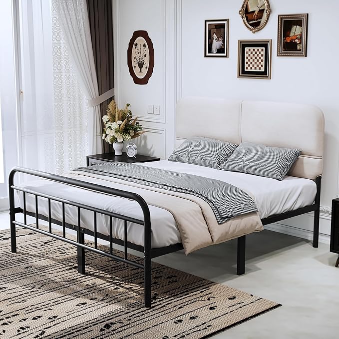 14Inch Metal Bed Frame,Queen Size Bed Frame with Upholstered Headboard,Heavy Duty Sturdy Mattress Foundation,Easy Assembly,No Box Spring Needed,White-Queen