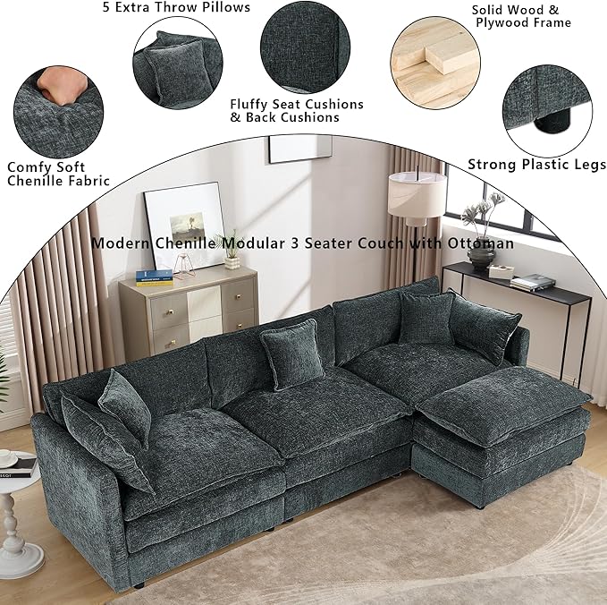 Setawix Deep 3 Seater Couch with Ottoman,112.2" L-Shaped Cloud Couches for Living Room,Chenille Cloud Sofa Couch with Deep Seat,Modular Sectional L Shape 3 Seat Sofa for Bedroom. (Grey, 3+1)
