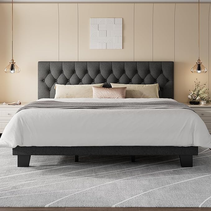 Feonase King Size Bed Frame, Upholstered Bed Platform with Button Tufted Headboard, Heavy Duty Wooden Slats & Thickened Feet, No Box Spring Needed, Noise-Free, Easy Assembly, Dark Grey