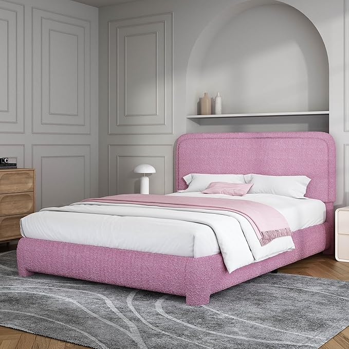 BarnFurin Full Size Bed Frame with Headboard, Boucle Upholstered Platform Bed Frame, Soft Rounded Corners, No Box Spring Required, Non-Slip and Noise-Free, Easy Assembly, Rose Pink
