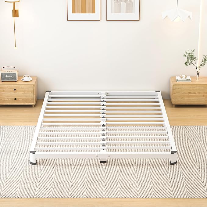 4 Inch King Bed Frame, Metal Platform Bed Frame with Round Corner Legs, 3500 lbs Heavy Duty Steel Slats Support, No Box Spring Needed, Noise Free, Easy Assembly, White
