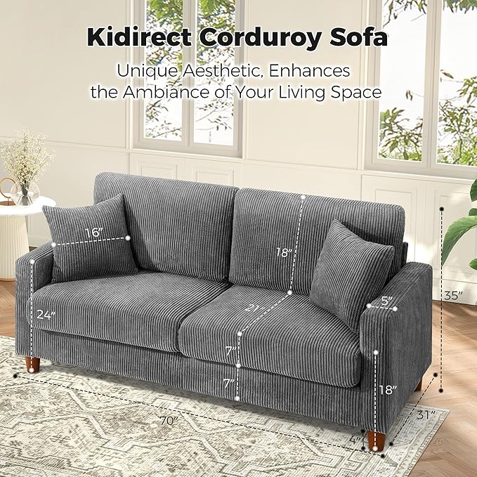 Kidirect 70in L Shaped Couch, Modular Sofa No Tool Assembly, Comfy Sectional Couches for Living Room 21in Deeper Seats, Corduroy Sofas for Living Room with 2 Pillows, Loveseat Sofa Set, Grey Couch | Comfy Corduroy, Oversized 70in Couch, 700LB Tough, To...