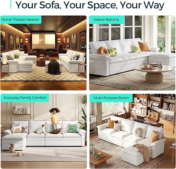 LINSY HOME U Shaped Cloud Couches, 115" Modular Sectional Sofa with Double Chaise, Chenille 4 Seater Sofa Set for Living Room, Apartment, Office, Beige