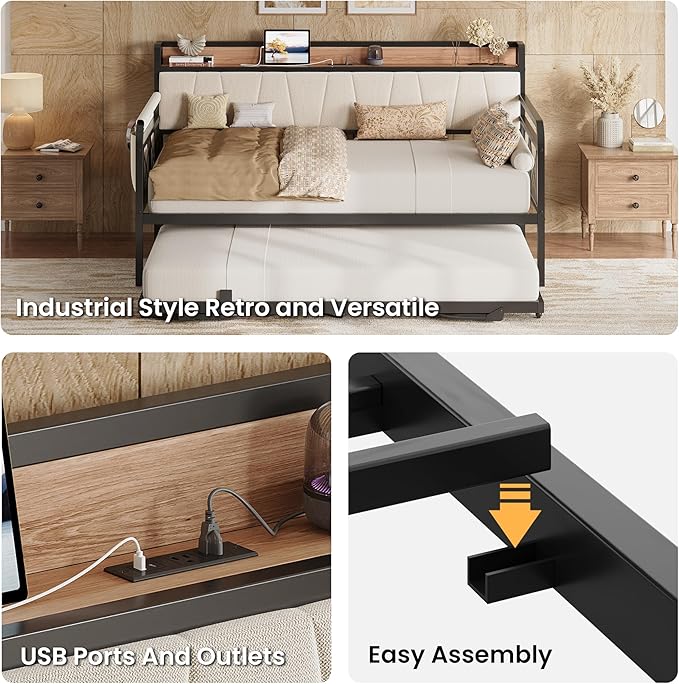 LIKIMIO Daybed with Trundle Bed, Twin Bed Frame with Storage Headboard and Charging Station, Sofa Day Bed with Strong Supports for Living Room, Bedroom, and Guest Room, Beige