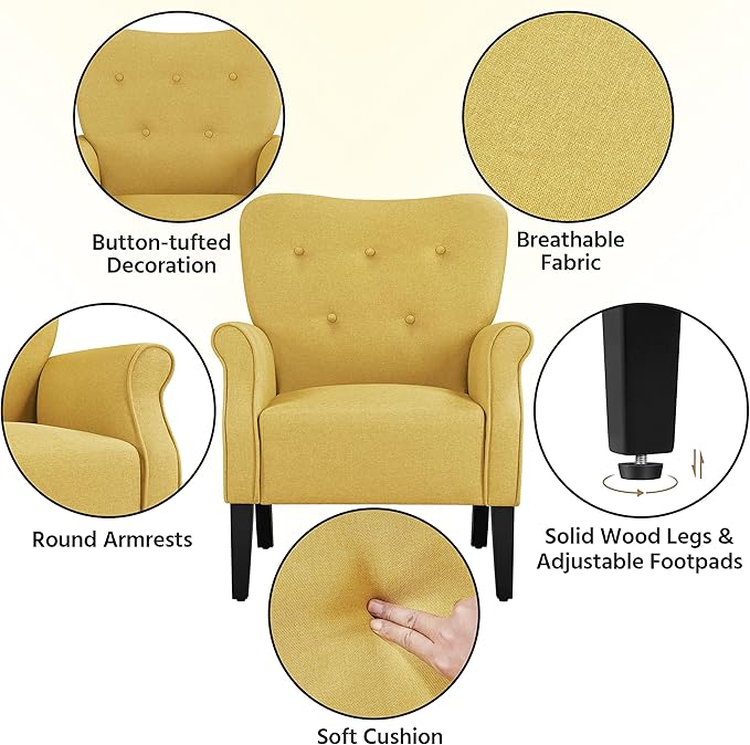 Yaheetech Modern Armchair, Mid Century Accent Chair with Sturdy Wood Legs and High Back for Small Space, Upholstered Fabric Sofa Club Chair for Living Room/Bedroom/Office, Set of 2, Yellow