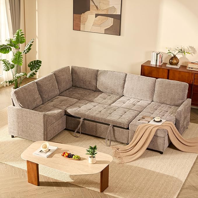 107" Modular Sectional Sleeper Sofa, Set of Modular Pieces with Pull Out Bed, U Shaped Sectional Couch with Storage, Extra Wide&Deep Seat Couches for Living Room, Removable Sofa Cover, Chenille-Slate