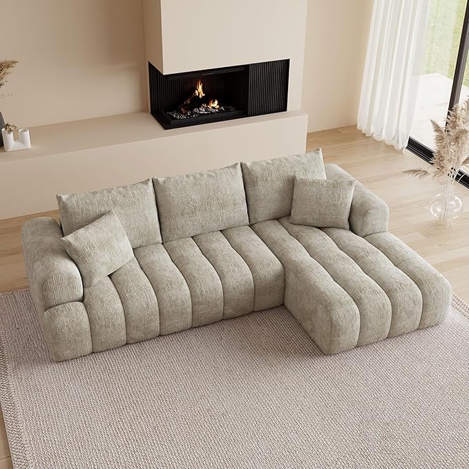 108" Cloud Sectional Couches for Living Room, Boneless L-Shaped Sofa with Pillow 3 Seater Modular Sectional Sofa (Khaki)