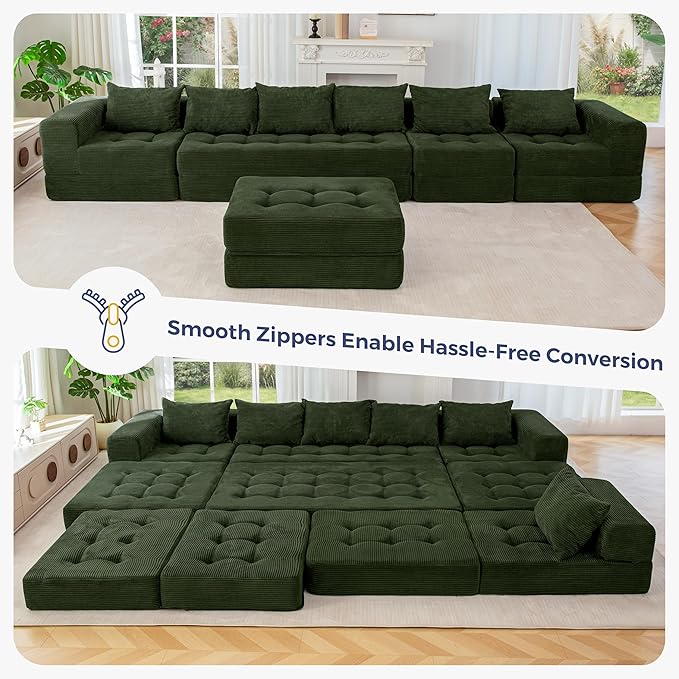 MAXYOYO Modular Sectional Sofa Couch, Foldable U Shaped Cloud Couch with Pillows, Tufted 7-Seat Boneless Sleeper Lounger Floor Sofa Bed for Living Room, No Assembly Required, Dark Green